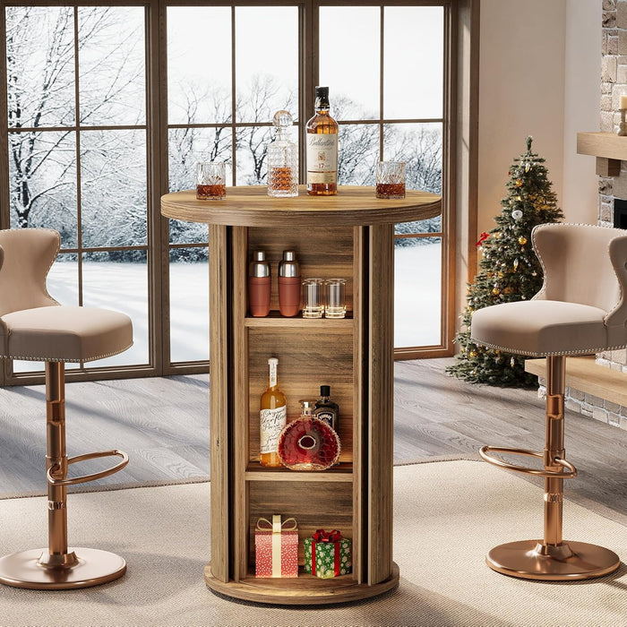 round Bar Table, 35.4" Rustic Cocktail Table with 3-Tier Hidden Storage Shelves, Bistro Wood High Top Pub Unit with Slide Door for Small Spaces, Kitchen, Parties