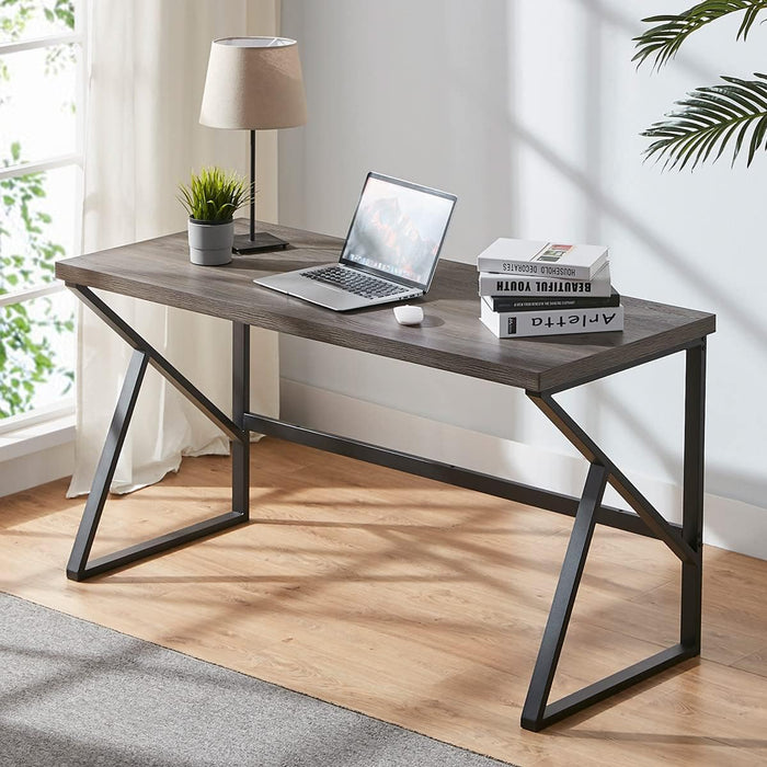 Large Rustic Grey Computer Desk, Metal and Wood Home Office Desk, Industrial Vintage Soho Study Writing Table, Big Long PC Desk Workstation for Livingroom Bedroom, Dark Gray Oak, 60 Inch Wide