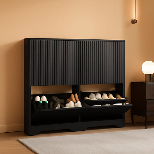 Black Fluted Shoe Cabinet With Adjustable Shelving
