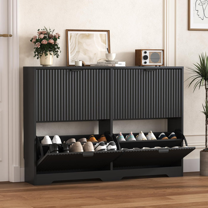 Black Fluted Shoe Cabinet With Adjustable Shelving
