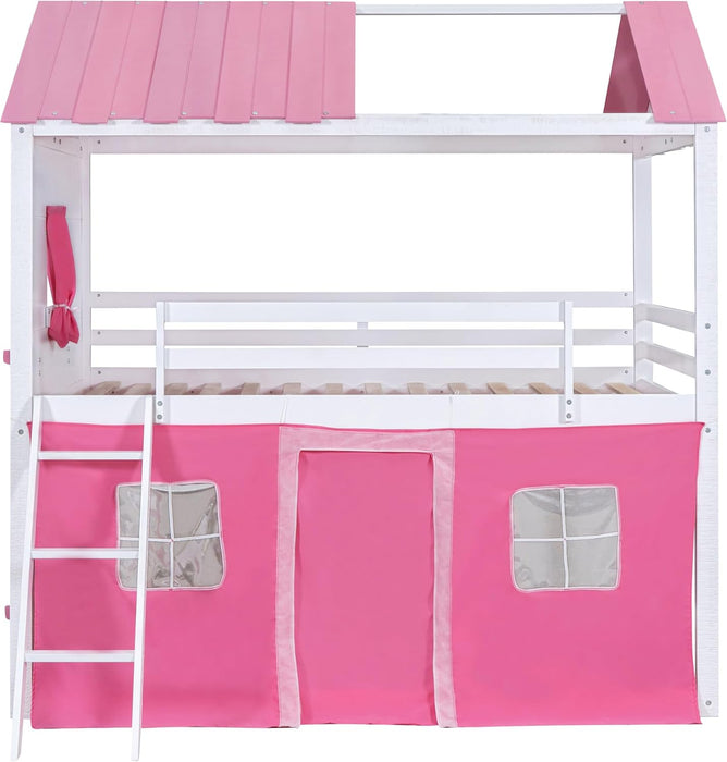TwinOverTwin HousePlayhouse Bunk Bed PinkWhite Windows