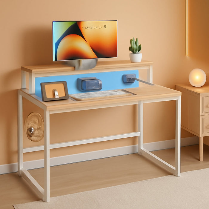 Small Folding Desk 31.5 Inch, Foldable Computer Desks with LED Lights and Monitor Stand, Work Portable Table for Bedroom Home Office, Oak