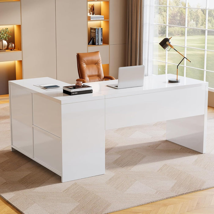 White L-Shaped Computer Desk with 3 Drawers, 55-Inch Modern Gloss Corner Home Office Executive Desk with LED Lights and 2 Storage Shelves for Work Study Writing