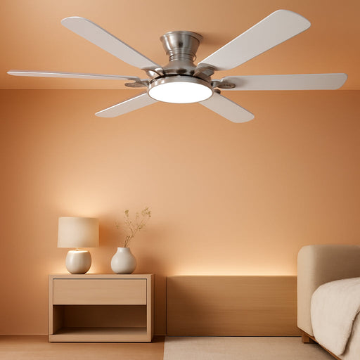 52 Inch Brushed Nickel Ceiling Fans with Lights and Remote,Flush Mount Low Profile 6 Blades Ceiling Fan with 10 Inch Lighting Fixture,Quiet Reversible DC Motor for Living Room,Bedroom and Patio