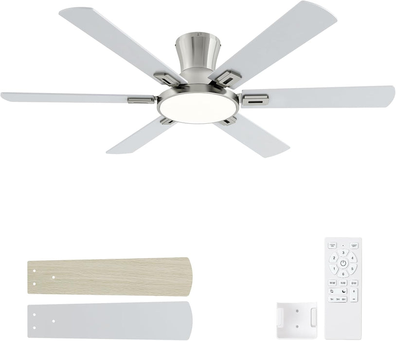 52 Inch Brushed Nickel Ceiling Fans with Lights and Remote,Flush Mount Low Profile 6 Blades Ceiling Fan with 10 Inch Lighting Fixture,Quiet Reversible DC Motor for Living Room,Bedroom and Patio