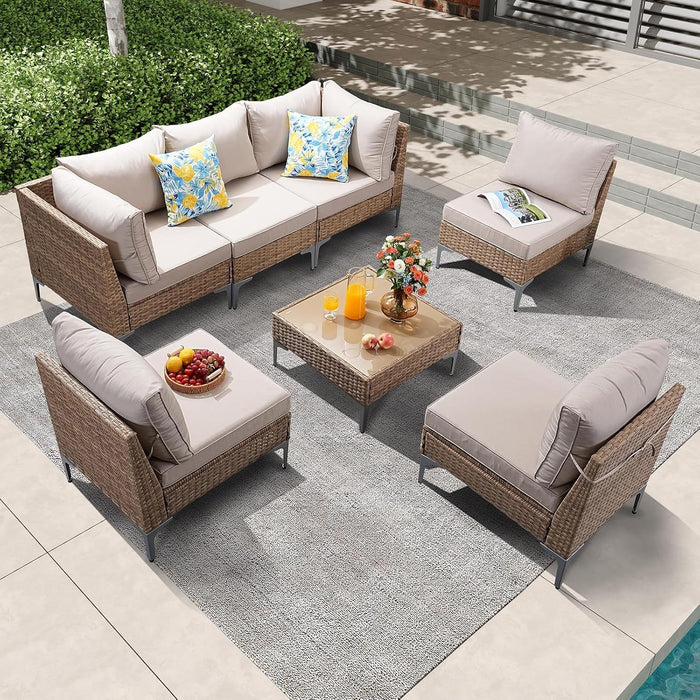 7 Piece Patio Furniture Set, Wicker Modular Outdoor Furniture with Thicker Cushions, Outdoor Couch Sofa for Garden, Poolside, Backyard, Beige