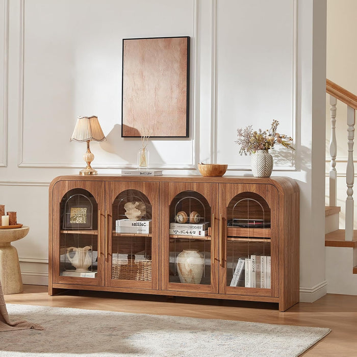 65" Sideboard Buffet Cabinet with Arched Glass Doors, Brown | Modern Wood Sideboard, Spacious Storage Credenza, Adjustable Shelves, Living Room Accent Cabinet, Dining Room & Entryway Use