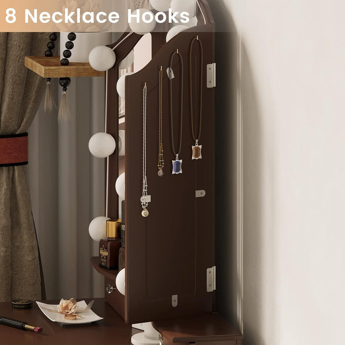 Vanity Desk, Makeup Vanity Set with Lighted Mirror and Stool, Dressing Table with 5 Drawers, 3 Light Settings & Adjustable Brightness, Espresso