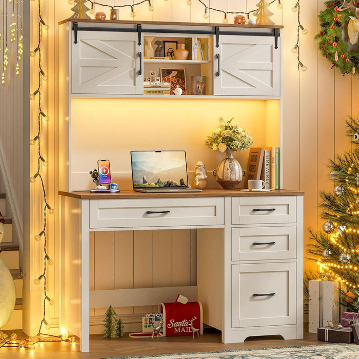 Farmhouse 67" H Executive Desk with Hutch,Computer Desk with Charging Station,Office Table with LED Light and 4 Drawers,File Drawers and Storage Cabinet,Workstation for Home Office.Unique White