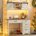 Farmhouse 67" H Executive Desk with Hutch,Computer Desk with Charging Station,Office Table with LED Light and 4 Drawers,File Drawers and Storage Cabinet,Workstation for Home Office.Unique White