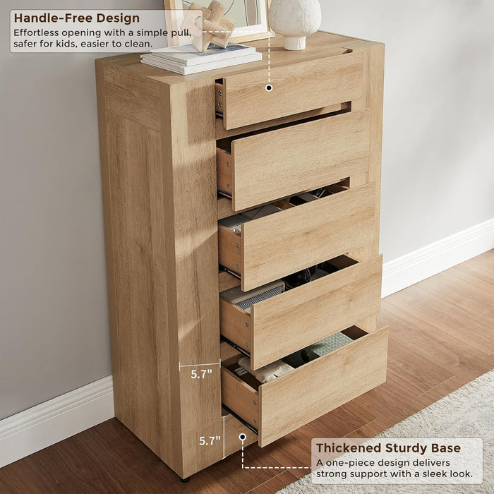 5 Drawer Dresser for Bedroom, 48" Tall Dresser Chest of Drawers with Thick Wood Design, Handleless, Modern Bedroom Dresser, Storage Organizer for Living Room/Entryway, Natural Oak