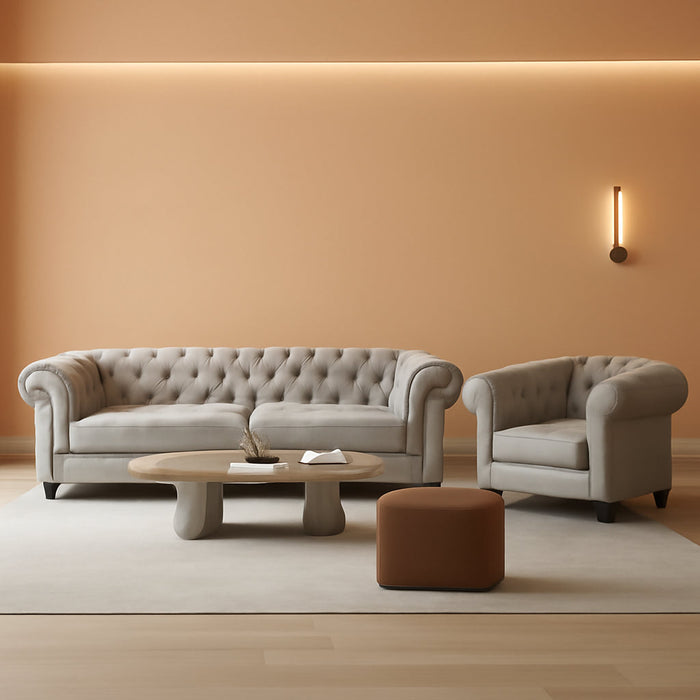 3 Pieces of Living Room Furniture Sofa Sets, Modern Velvet Chesterfield Sofa&Chesterfield Club Chair&Chesterfield Loveseat Sofas Set with Nailhead Trim Scroll Arms for Living Room(Grey)