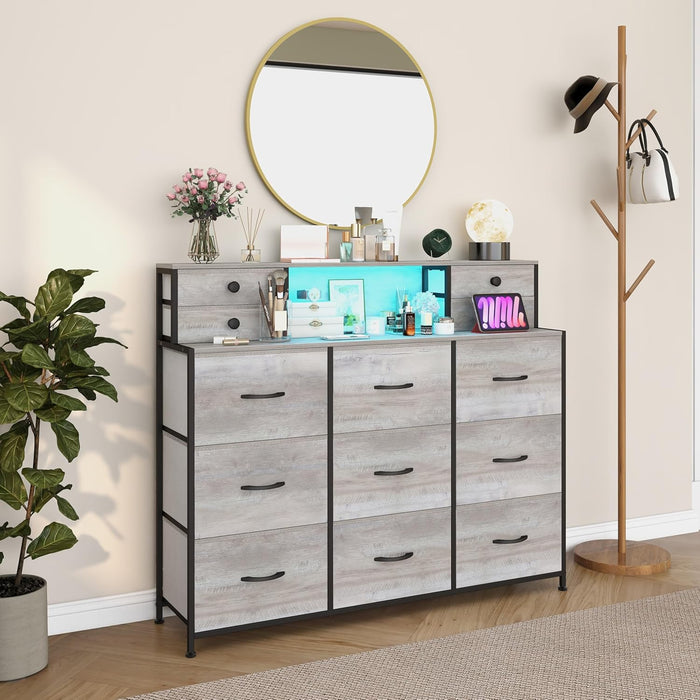 Grey Dresser with Power Outlets and LED Lights 13 Drawers Long Dresser for Bedroom Faux Leather Fabric Chest of Drawers for Living Room Hallway Entryway Closets Sturdy Frame Wood Top