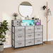 Grey Dresser with Power Outlets and LED Lights 13 Drawers Long Dresser for Bedroom Faux Leather Fabric Chest of Drawers for Living Room Hallway Entryway Closets Sturdy Frame Wood Top