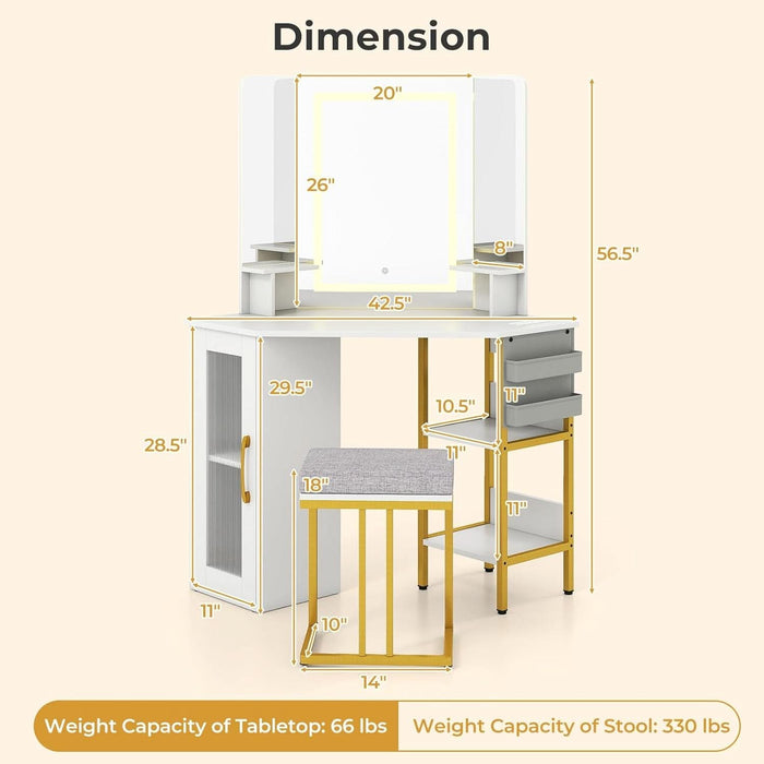 Corner Vanity Desk with Lighted Tri-Fold Mirror, Makeup Table with Charging Station, Fluted Door Cabinet, Storage Shelves, Space Saving Dressing Table with Stool for Bedroom, White & Gold