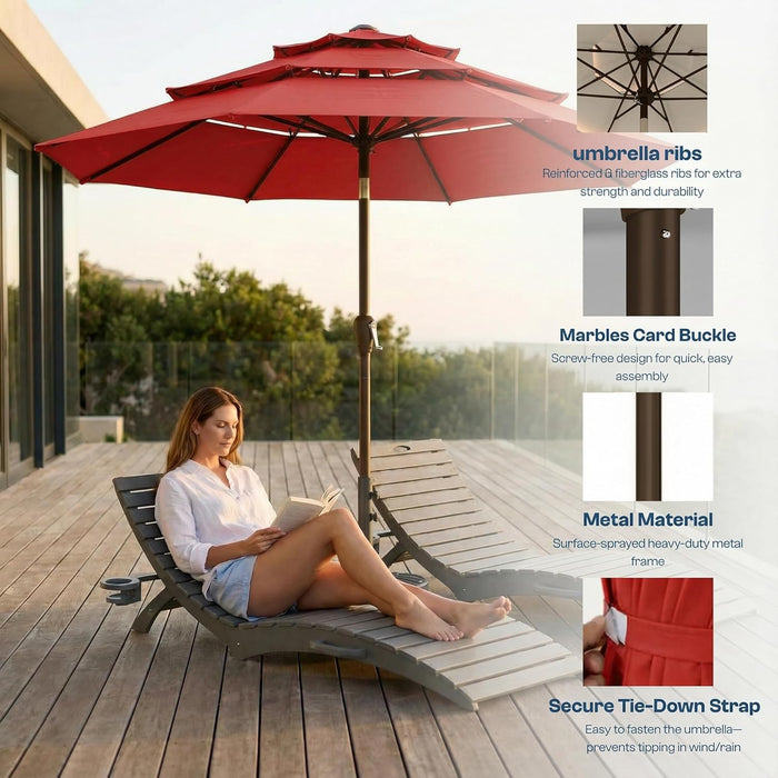 10Ft Patio Umbrella, 3 Tier Outdoor Market Table Umbrellas with 8 Fiberglass Ribs and Push Button Tilt, Windproof, Vented Canopy, UV Protection for Deck, Pool, Backyard, Red