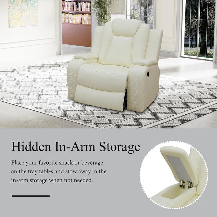 Leather Power Recliner Sofa Set with LED, Living Room Furniture Set, Leather Sofa Set with USB Port Storage Console Cup Holder (Power Reclining Sofa Set, Cream White)