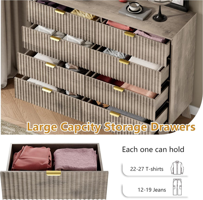 8 Drawer Fluted Dresser for Bedroom, Mid Century Modern Wooden Dresser with 8 Drawers, Dressers & Chests of Drawers with Metal Handle, TV Stand & Storage Organizer for Entryway, Hallway, Grey