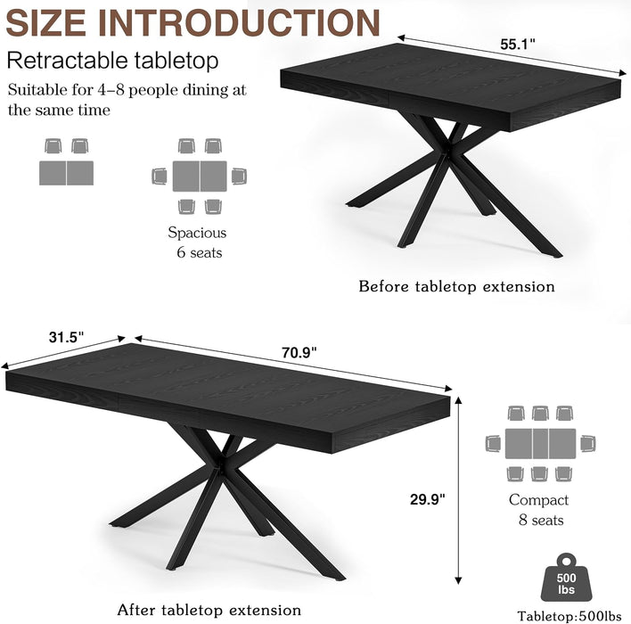 Extendable Dining Room Table for 4 6 8,55"-70" Kitchen Table Leaf,Black | Expandable Rectangle Dining Table,Wood Dining Table W/ Hidden Leaf & Storage, Space Saving, Kitchen Dining Living Room,Modern