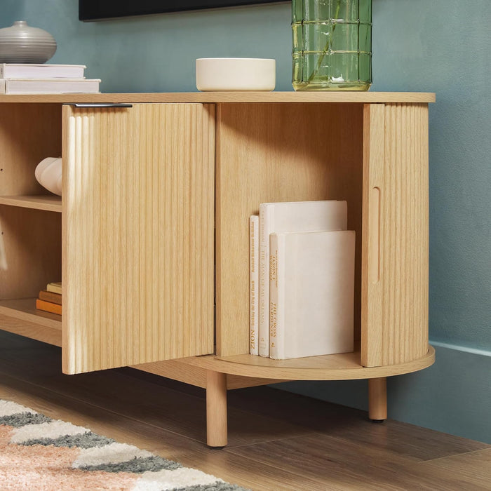 Chloe Curved Reeded TV Stand, Sliding Doors, 65 Inch, 60 Inch, Coastal Oak