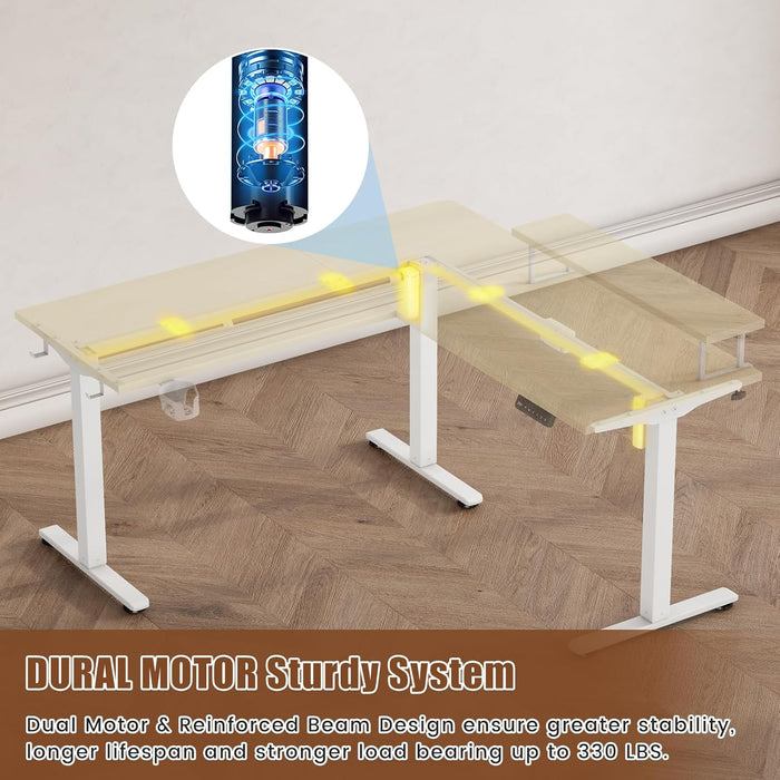 Electric L Shaped Standing Desk with File Cabinet, 59" X 59" Corner Computer Desk with Drawers, Dual Motor Stand up Desk with Storage, Home Office Standing Desk Adjustable Height, Maple