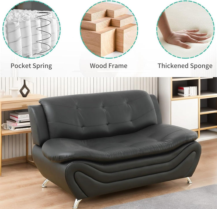 Contemporary Living Room Furniture Set, Faux Leather Sofa Set for Living Room/House/Bedroom/Office/Apartment (Black-A, Loveseat), F45&F46