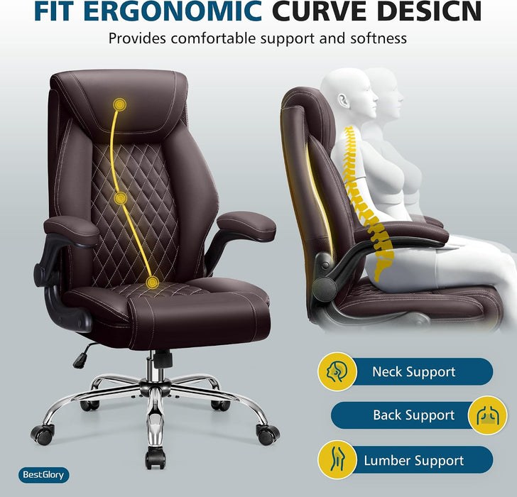 Office Chair, Ergonomic High Back Home Office Desk Chair, Big and Tall Breathable Leather Office Chair with Lumbar Support Flip-Up Armrests, Computer Gaming Chair with Rocking Function