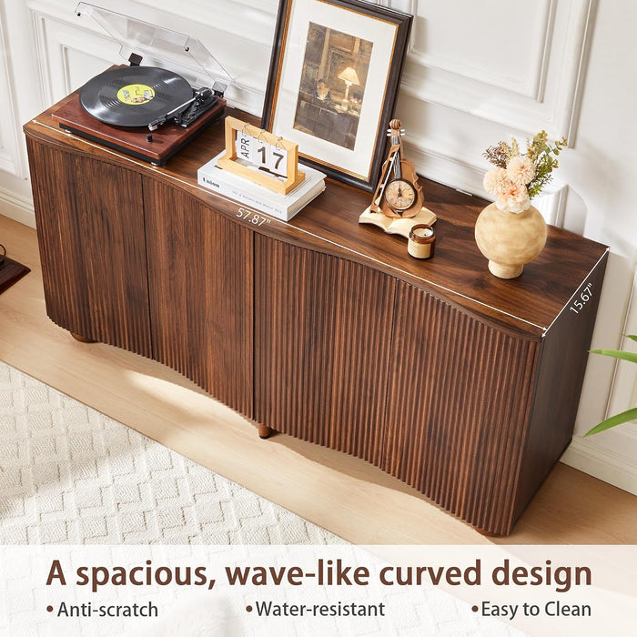 58 Inches Walnut Fluted Sideboard Buffet Cabinetry