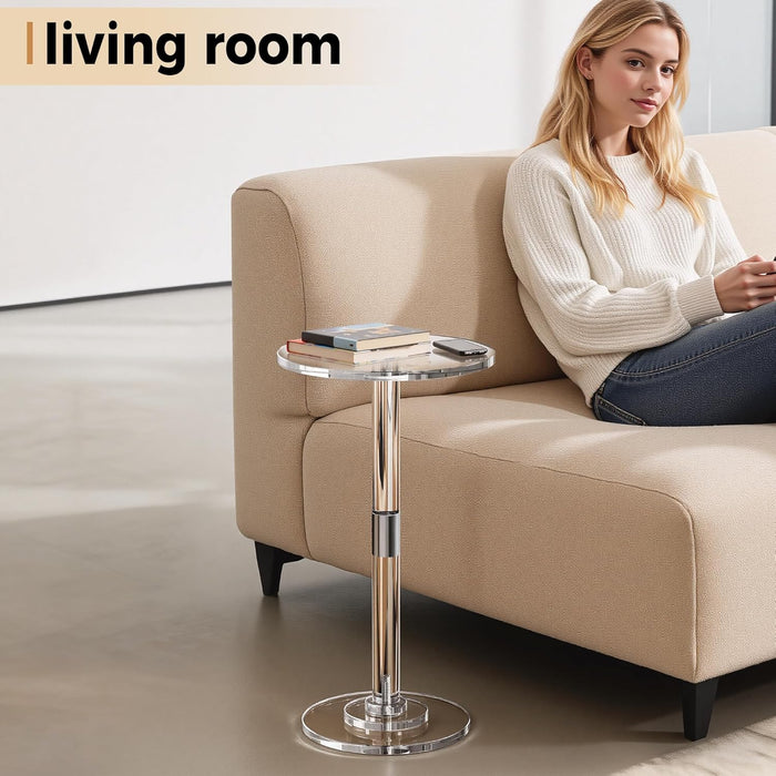 Acrylic Drink Table, Clear Modern round End Table for Small Spaces, 11.8" L X 11.8" W X 21.2" H, Sturdy Acrylic Coffee Table for Living Room & Bedroom, Small Cocktail Table for Next to Sofa & Corner