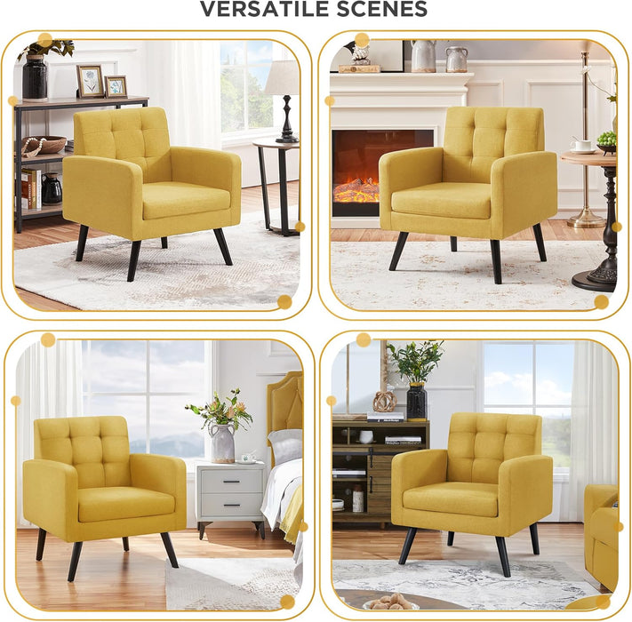Yellow Compact Mid Century Upholstered Tufted Armchair