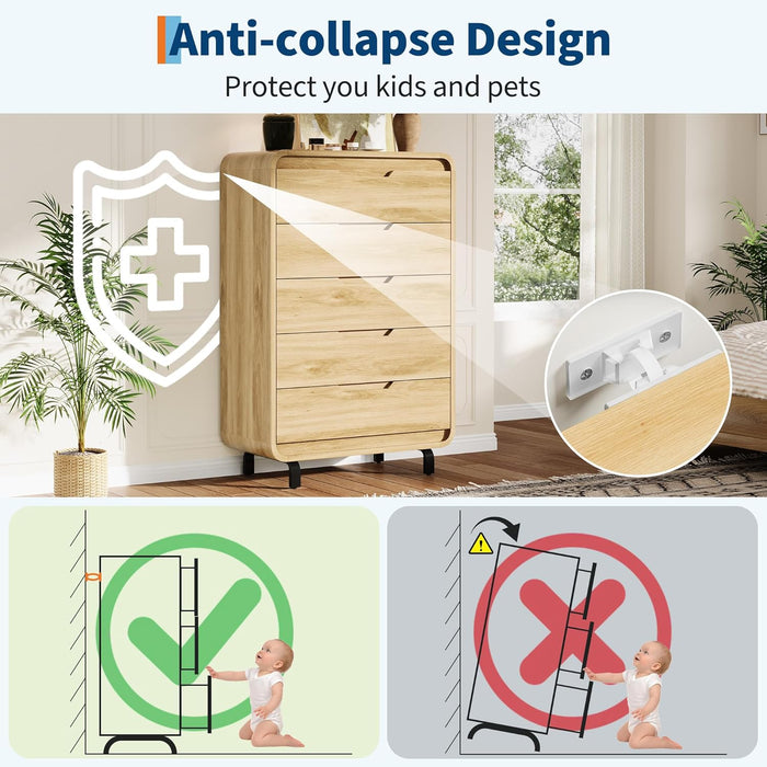 Natural 49-Inch Tall Wooden 5-Drawer Dresser Storage