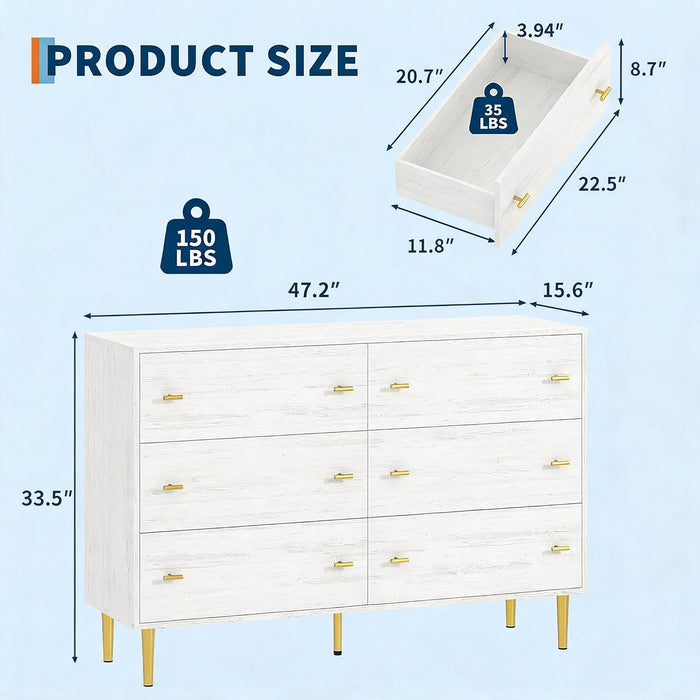 6 Drawer Dresser for Bedroom, 47" Wide Large Storage Chest of Drawers