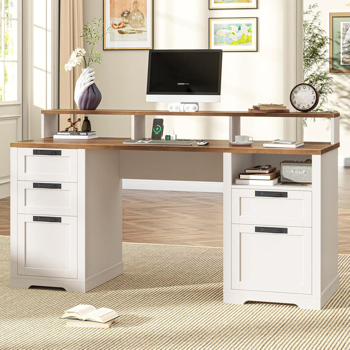 61" Farmhouse Executive Desk with LED Lights and Power Outlets,Computer Desk with Monitor Stand & File Drawers,Large Workspace with Storage Drawers for Home Office,Study,White