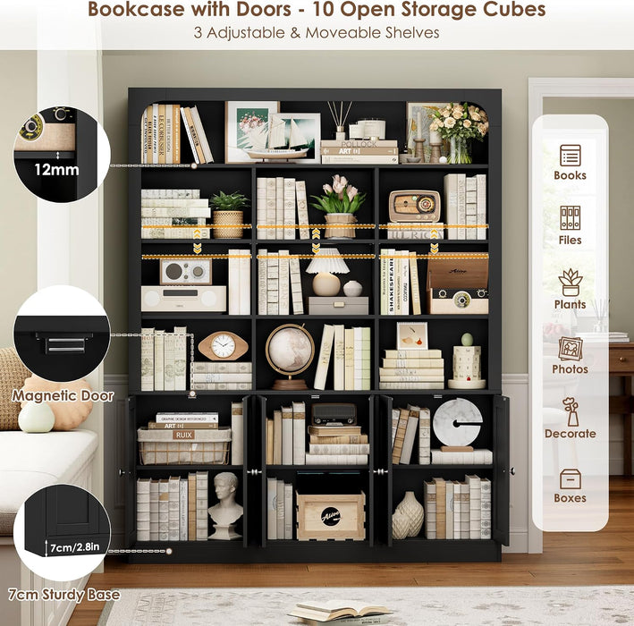 70.9" Bookcase Tall Bookshelf with Doors, Triple Wide Bookshelves