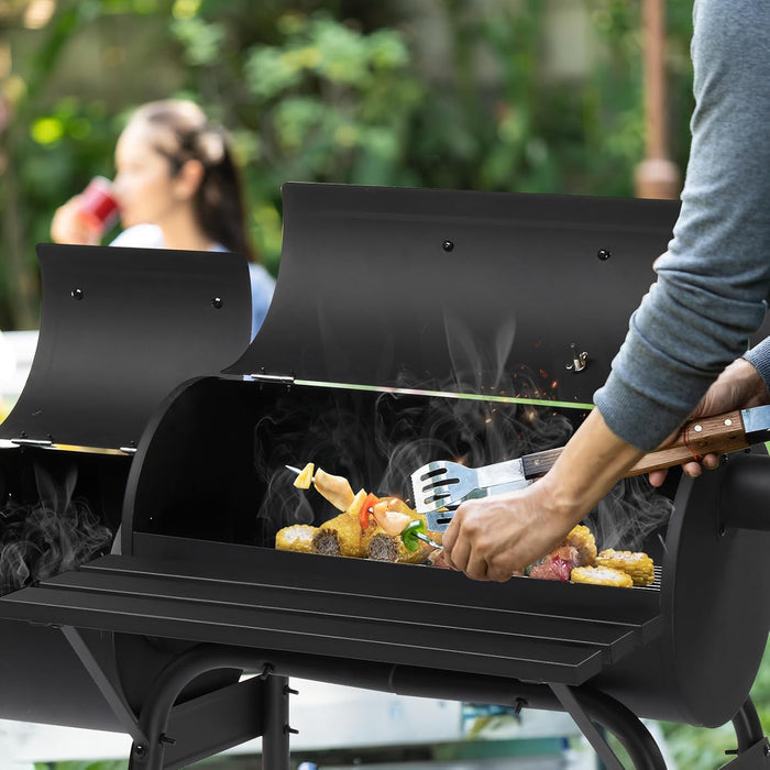 Large Charcoal Grill with Offset Smoker and Wood-Painted Side Table, Outdoor Smoker Grill with 811 Sq. In. Cooking Area for Outdoor Patio Barbecue Camping Parties Event, Black