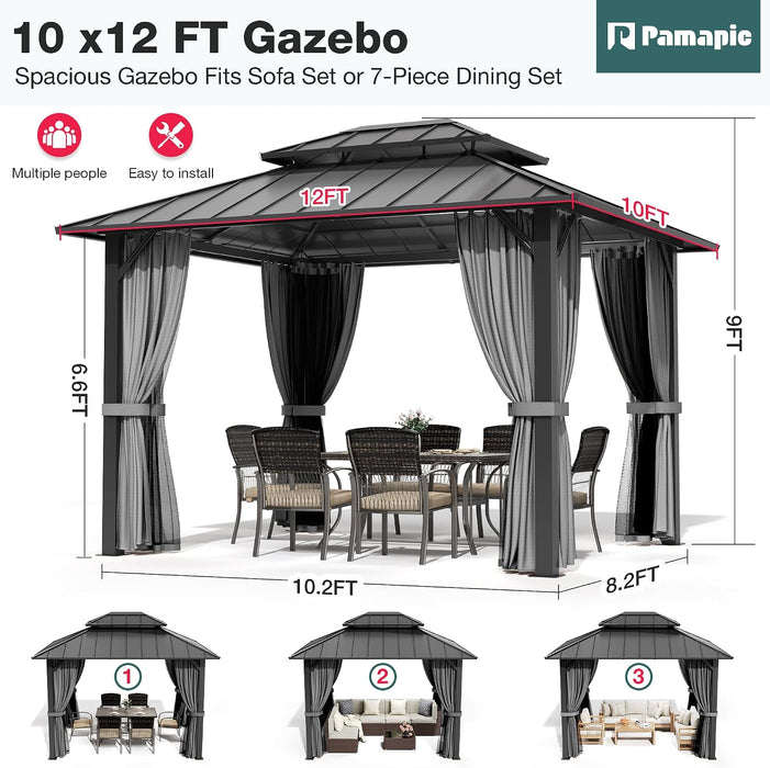 10X12Ft Hardtop Gazebo,Galvanized Steel Double Roof with Aluminum Frame,Outdoor Permanent Pavilion with Breathable Netting & Privacy Curtain for Patio,Backyard,Deck,Lawn,Gray