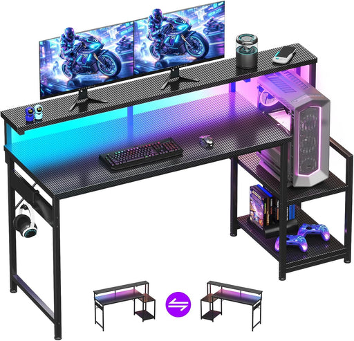 55 Inch Gaming Desk with LED Lights, Computer Desk with Storage Shelves, Reversible Desk with Monitor Stand, Carbon Fiber Black