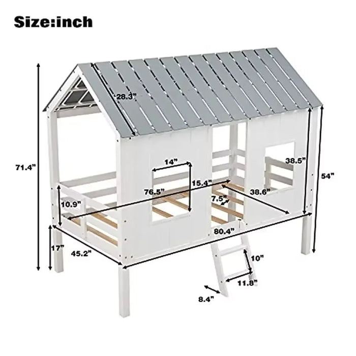 Wooden Twin House Bed Frame White/Grey Roof Boys and Girls Playhouse Design Semi-Enclosed Space No Box Spring Needed Sturdy Pine