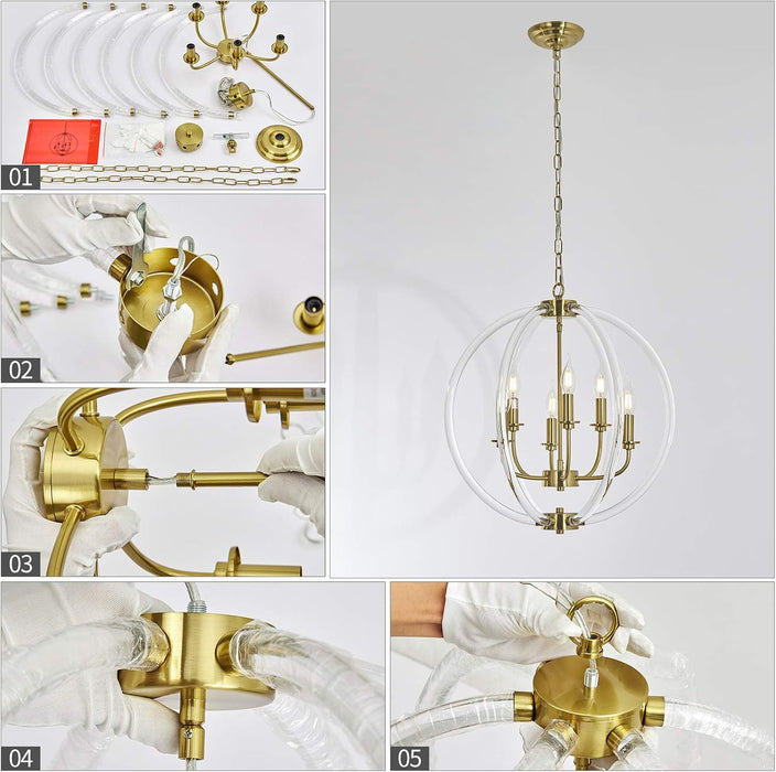 Six Globular Pendant Chandelier Acrylic Brass Finish