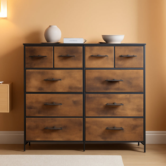 Dresser for Bedroom with 10 Drawers, Wide Fabric Dresser for Storage and Organization, Bedroom Dresser, Chest of Drawers for Living Room, Closet, Hallway, Rustic Brown Wood Grain Print