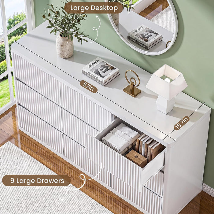 White 9 Drawers Dresser for Bedroom, 57" Wide Modern Fluted Chest of Drawers with Curved Profile, Handleless, Vertical Dressers for Bedroom, Living Room, Hallway