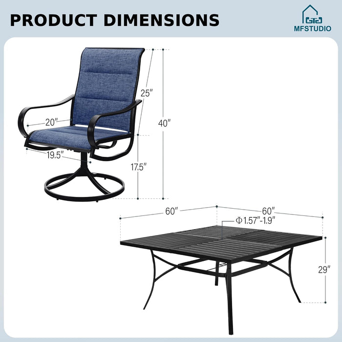 9 Pieces Patio Dining Sets,Outdoor Furniture Set Including 1X 60 Square Table and 6 Padded Sling Swivel Chairs Metal Dining Set for Backyard,Blue