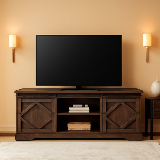 75 in Farmhouse TV Stand with Sliding Barn Door,Wood Entertainment Center with Storage for Living Room, Rustic Brown