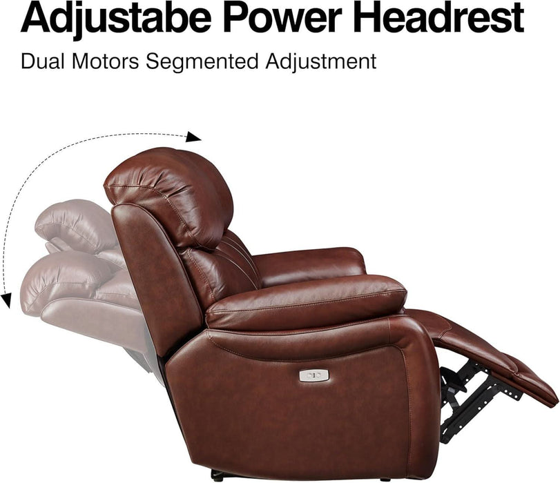 Brown Power Top Grain Leather Recliner Sofa Loveseat Set with USB Port, Genuine Leather Living Room Recliner Furniture Sofa Set, Reclining Couch Loveseat with Cup Holders.