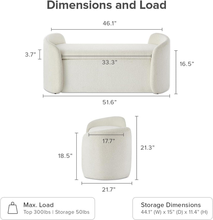Sophie 51" Ottoman Storage Bench, Entryway and Window Seating, End of Bed Curved Stool for King & Queen Bed, Storage Chest for Bedroom (Pearl White Boucle)