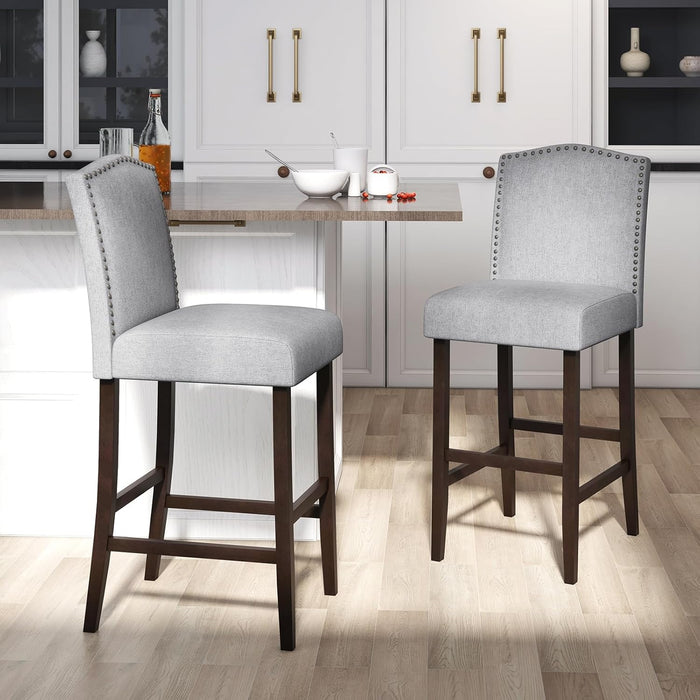 30" Bar Stools Set of 2, Upholstered Bar Height Bar Chairs with Back & Rubber Wood Legs, Antique Nailhead Trim, Modern Linen Fabric Barstools for Kitchen Island, Counter, Cafe, Pub, Grey
