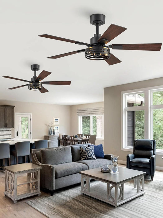 42 Inch Farmhouse Ceiling Fan with Lights 2 Pack, Rustic Black Ceiling Fans with Remote, 5 Dual Finish Blades, Quiet 6 Speed Reversible DC Motor, Caged Industrial Fan for Bedroom, Living Room, Patio