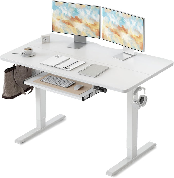 Standing Desk with Keyboard Tray, 48 X 24 Inch Adjustable Height Sit Stand Desk with Memory Presets for Home Office, Ergonomic Computer Workstation, White