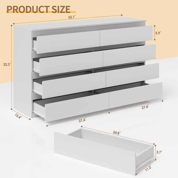 White Wood Dresser for Bedroom with 8 Drawer 55" Wide
