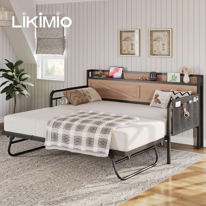 Twin Daybed with Trundle Bed, Storage Headboard with Charging Station, Sofa Day Bed with Strong Supports for Living Room, Bedroom, and Guest Room, Wood Color